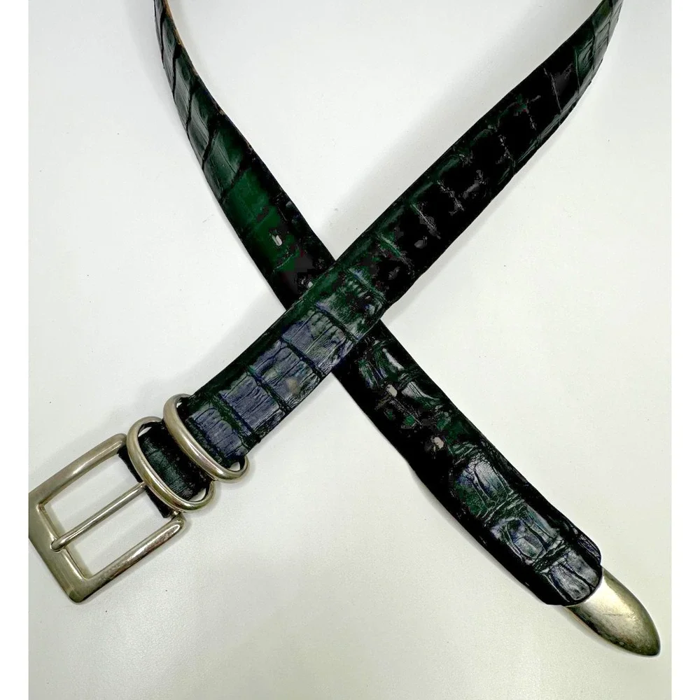 Bespoke Genuine Crocodile Black Leather belt Sz 38 Silver Tone Brass Buckle USA